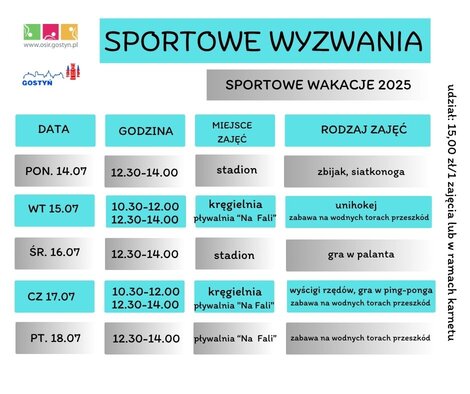 Sportowe Wyzwania od 14.07 do 18.07